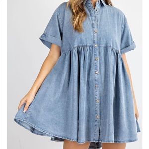 Brand New Easel Ruffle Back Denim Babydoll Dress Short Sleeves
